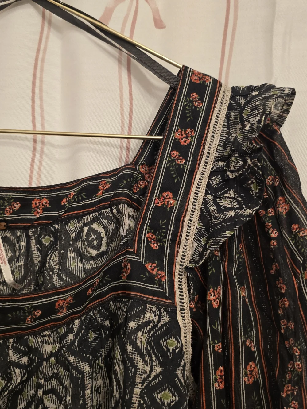 Free People Black and Brown Printed Square-Neck Boho Blouse